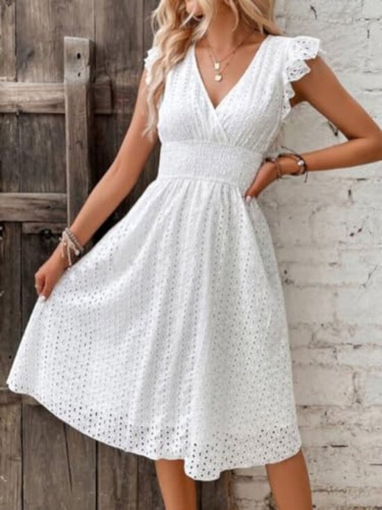 Dresses & Skirts - 🆕 Women's Summer Sexy Eyelet Lace Embroidery Smocked Dress Flutter Sleeve